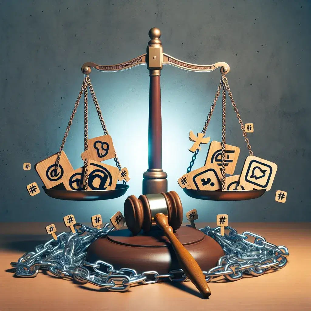 "Ilustrasi risiko hukum yang dihadapi pengguna saat berkontribusi pada generator tren viral, menampilkan simbol hukum dan media sosial sebagai representasi tantangan hukum di era digital."