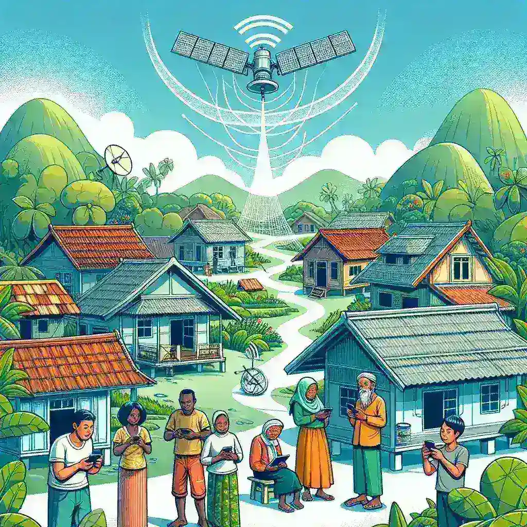 "Ilustrasi penggunaan satelit lokal untuk konektivitas 5G di daerah terpencil di Indonesia, menunjukkan peta distribusi sinyal dan teknologi satelit yang meningkatkan akses internet."