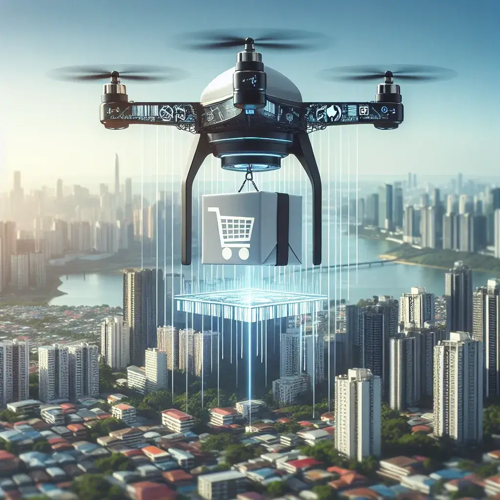 "Drone delivering parcels for OASE's local e-commerce logistics project, showcasing advanced technology in urban delivery solutions."