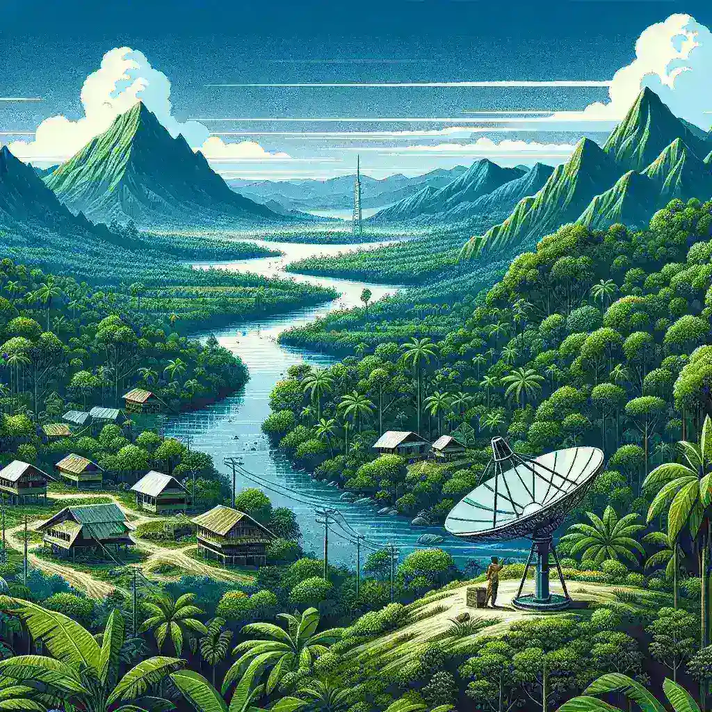 "Ilustrasi penggunaan satelit lokal di Indonesia untuk meningkatkan konektivitas 5G di daerah terpencil, menampilkan gambar satelit yang mengorbit dan pemandangan pedesaan Indonesia."