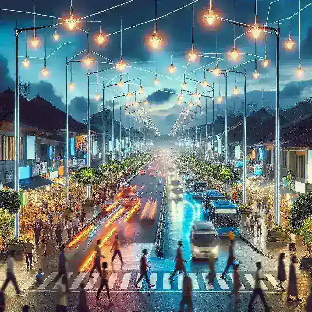 "Smart energy-efficient streetlights installed in central Denpasar city, Bali, enhancing urban lighting and sustainability."